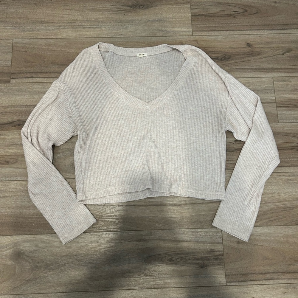 Women's Cream V-Neck Ribbed Top